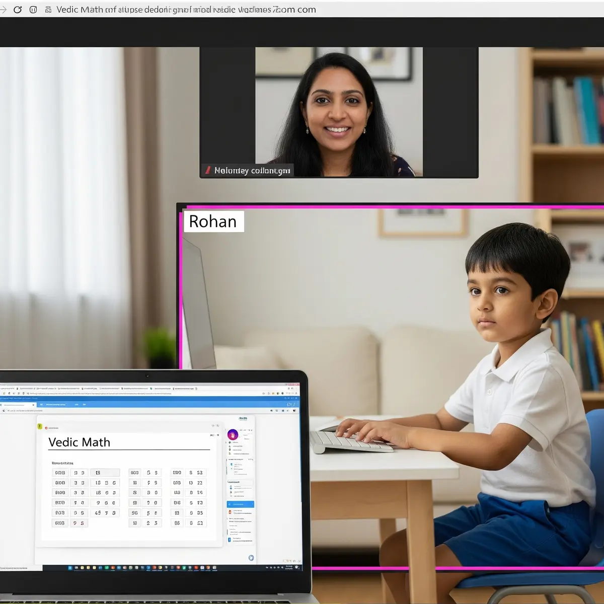 Young boy attending Vedic Maths virtual class with teacher
