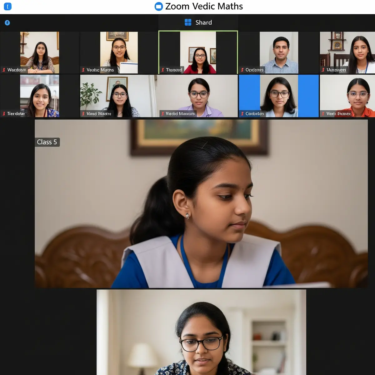 Class 5 student in school uniform attending Vedic Maths virtual class