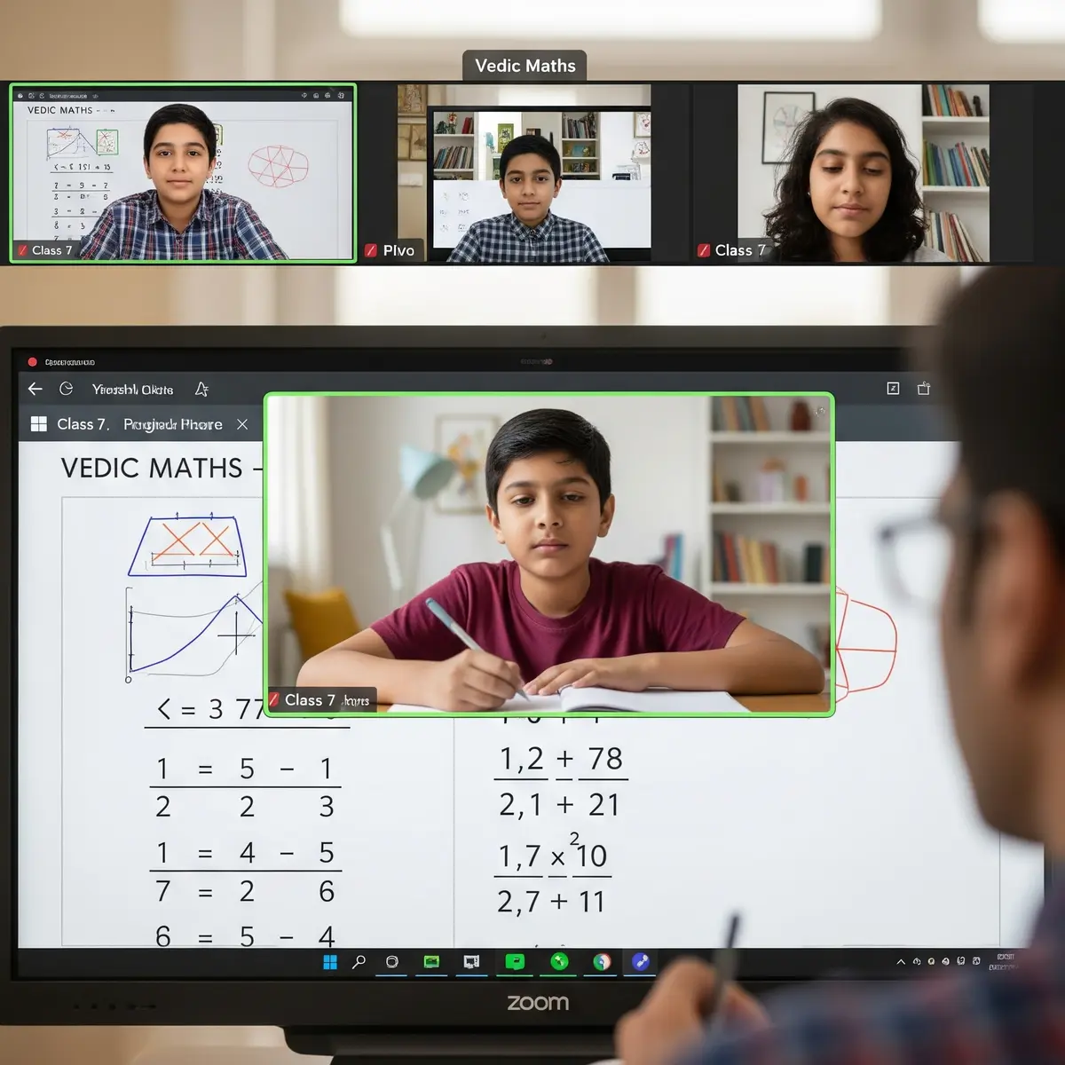 Class 7 boy solving complex Vedic Maths equations during virtual class