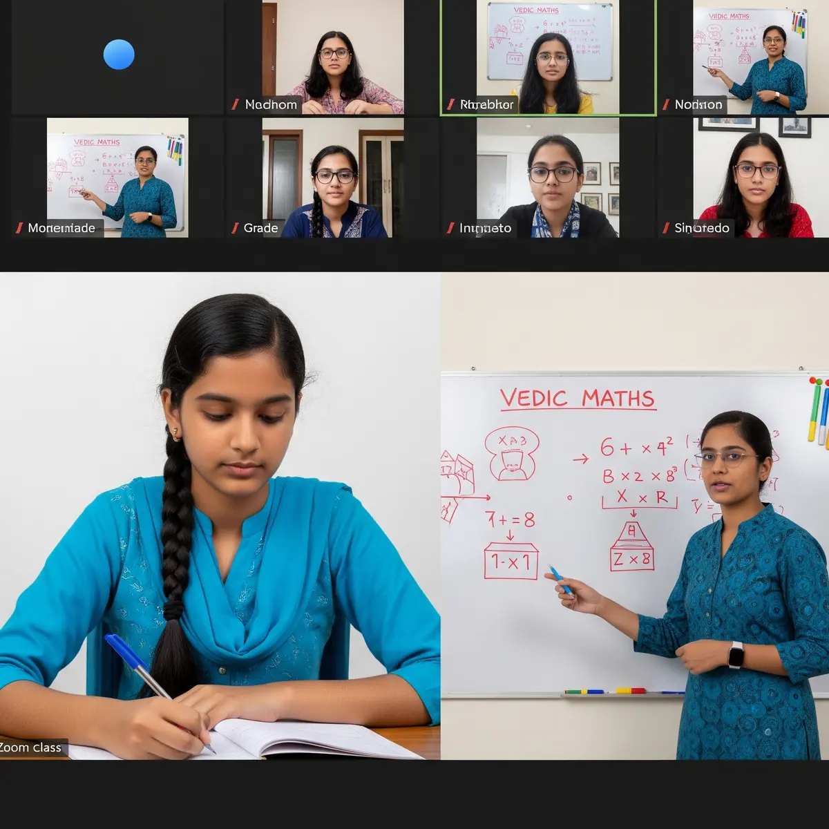 Class 8 student learning from Vedic Maths teacher explaining formulas on whiteboard