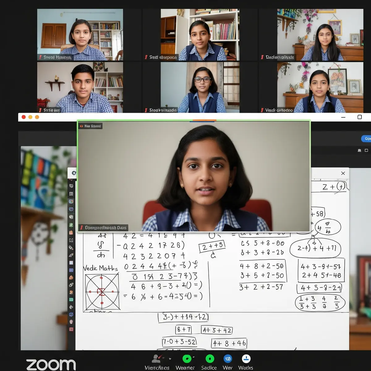 Class 9 student demonstrating Vedic Maths techniques with equations on whiteboard