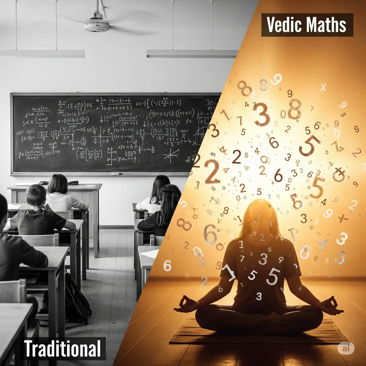 Vedic Maths vs Traditional Maths - Visual comparison showing traditional classroom on left and meditative Vedic approach on right